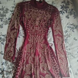 Sexyyy Burgundy With Gold Beads Dress